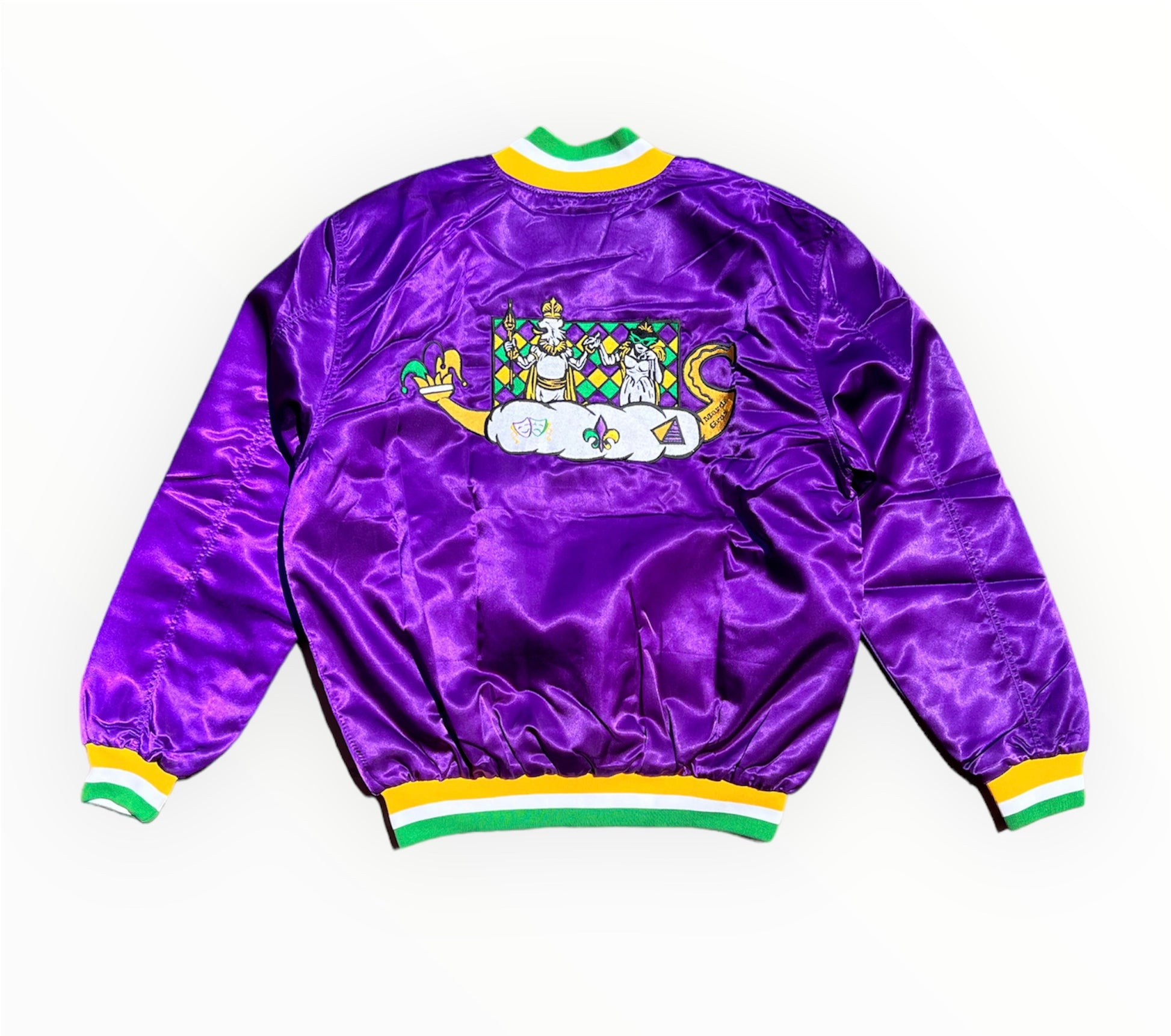 Back View of Royalty10 Mardi Gras '20 Satin Bomber Jacket in Regal Purple with King and Kueen Carnival Embroidery
