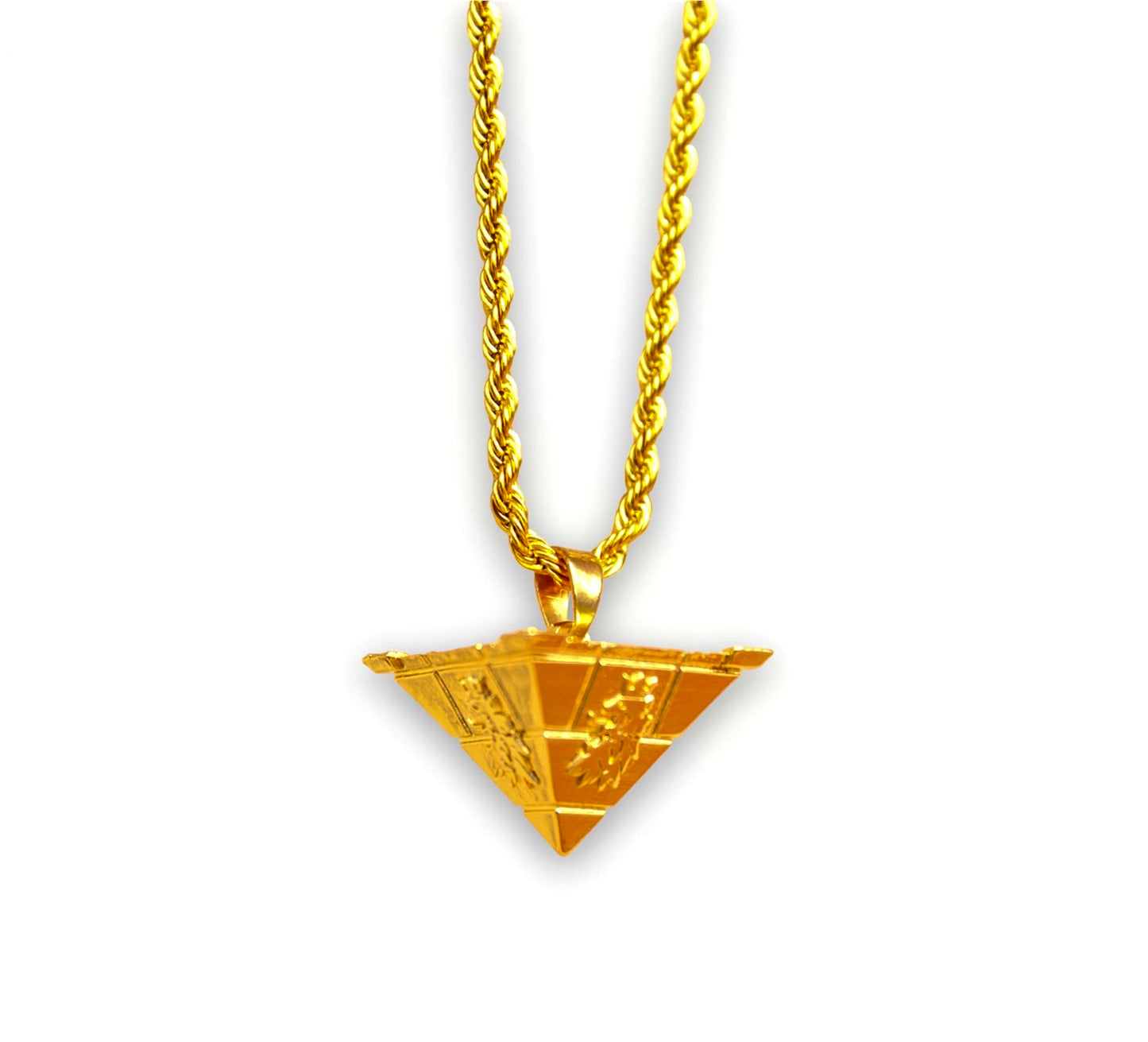 Royalty10 Lion Motif Gold Pyramid Pendant Necklace - A striking gold necklace featuring a pyramid-shaped pendant adorned with the iconic Royalty10 lion motif design.