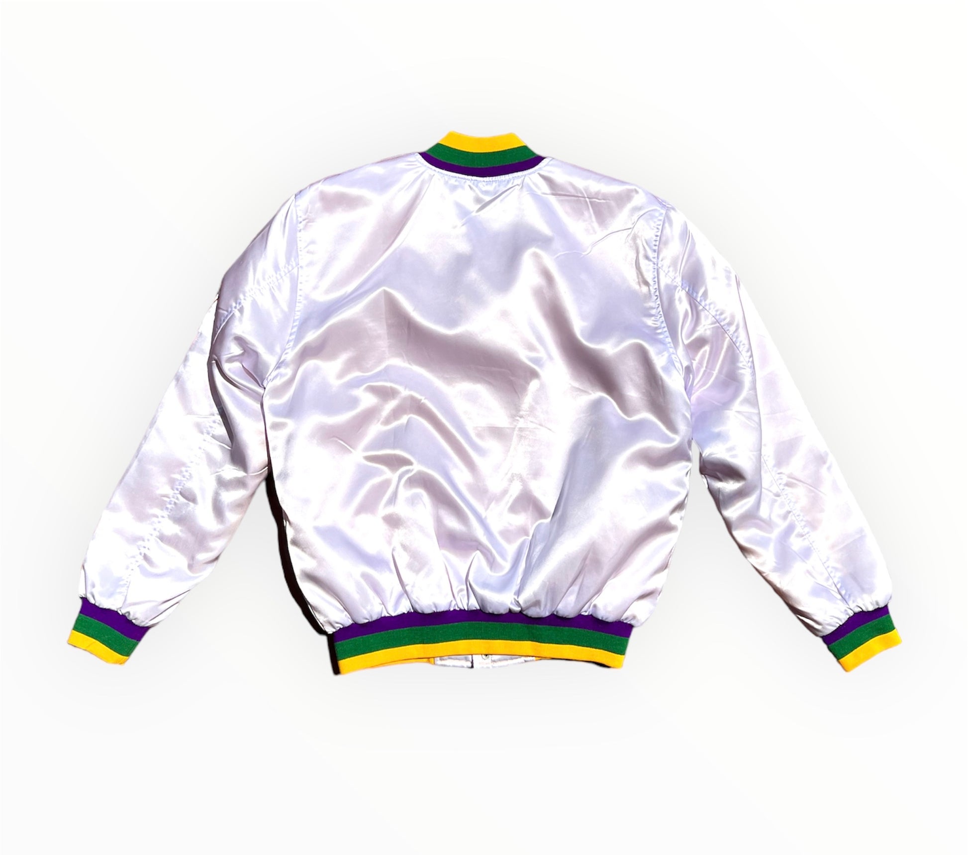 Back View of Royalty10 Mardi Gras '19 Satin Bomber Jacket in Elegant White with Lion & Egyptian Embroidery