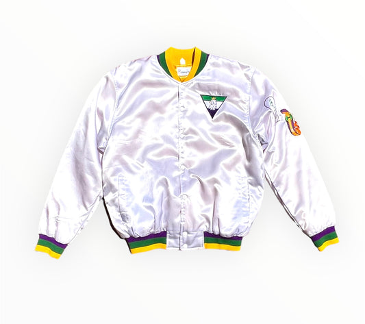 Front View of Royalty10 Mardi Gras '19 Satin Bomber Jacket in Elegant White with Lion & Egyptian Embroidery
