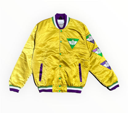 Front View of Royalty10 Mardi Gras '22 Satin Bomber Jacket AU79 in Opulent Gold