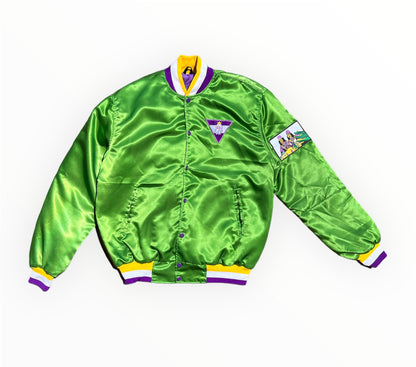 Front View of Royalty10 Mardi Gras '21 Satin Bomber Jacket in Luxurious Emerald Green.