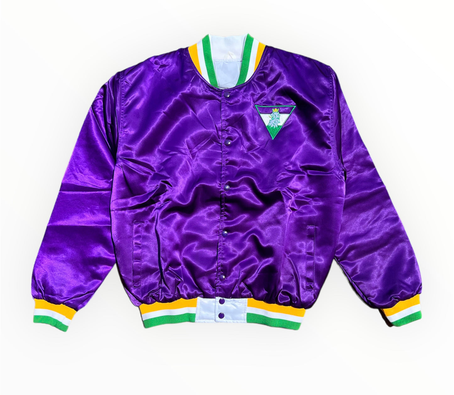 Front View of Royalty10 Mardi Gras '20 Satin Bomber Jacket in Regal Purple with Lion and Carnival Embroidery
