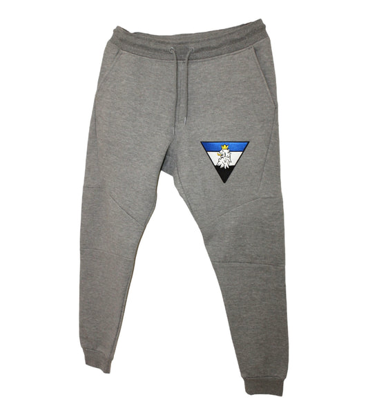 Royalty10 graphite Lion Motif Embroidered Logo Joggers with a regal lion motif embroidered logo on the left leg, showcasing a fusion of style and comfort.