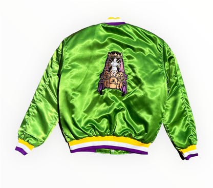 Back View of Royalty10 Mardi Gras '21 Satin Bomber Jacket in Luxurious Emerald Green with King Riding Lion Float Embroider