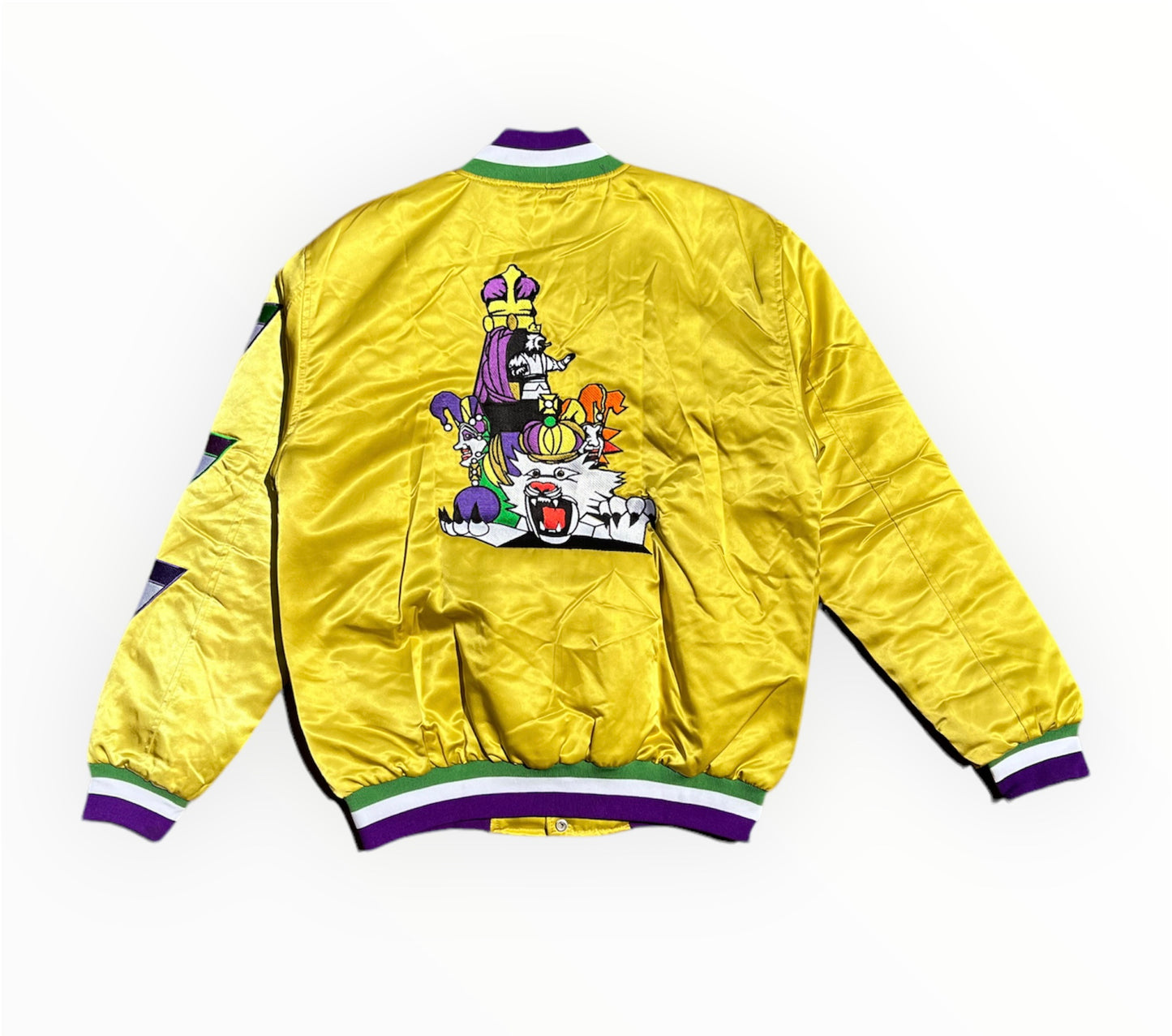 Back View of Royalty10 Mardi Gras '22 Satin Bomber Jacket AU79 with King Riding Jester Crown Float Embroidery in Opulent Gold