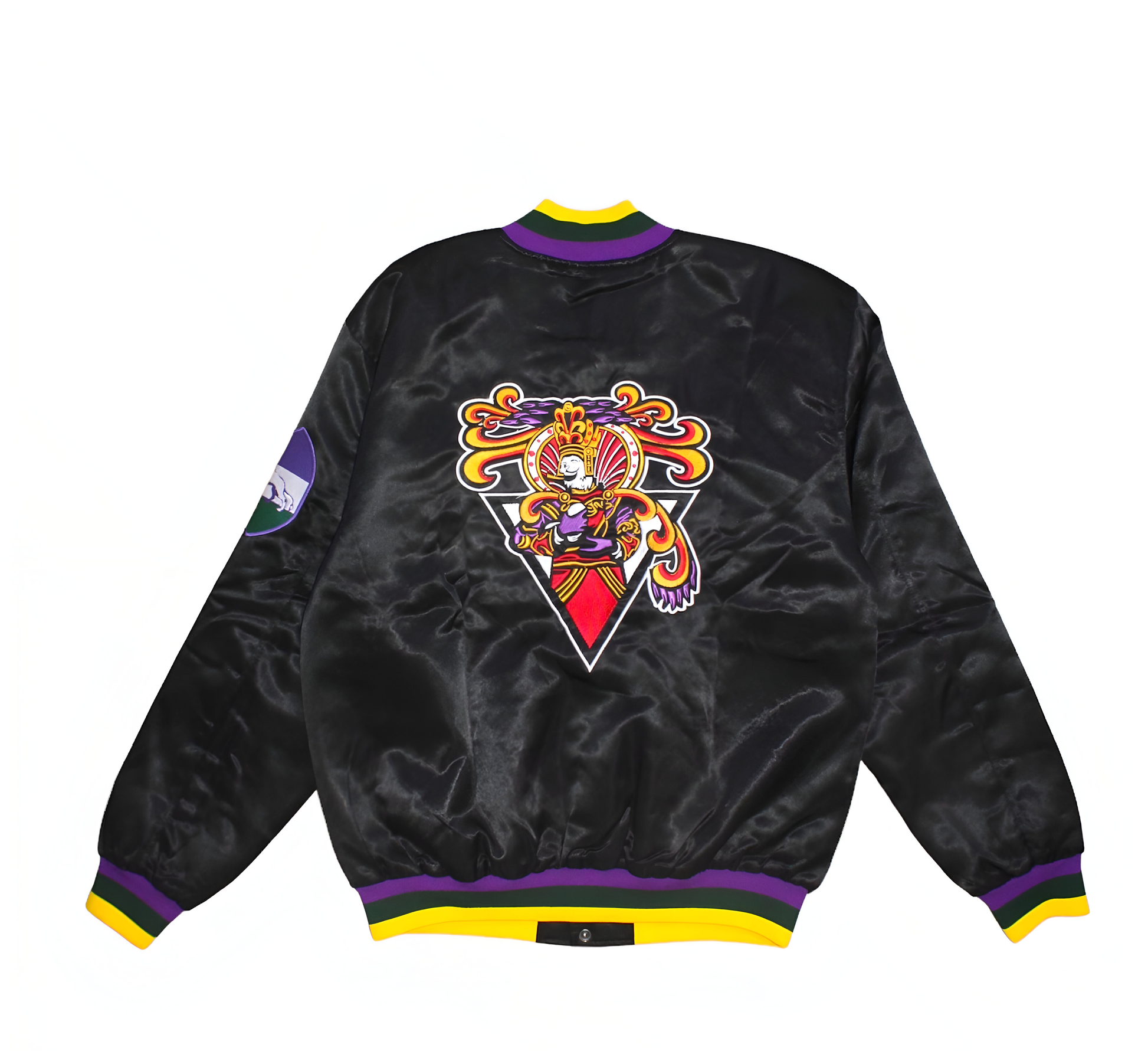 Back view of Royalty10 Zulu Mardi Gras 23 Satin Bomber Jacket: showcasing the embroidered logo and vibrant design, ideal for festive Mardi Gras celebrations.
