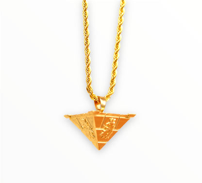 Royalty10 Lion Motif Gold Pyramid Pendant Necklace - A striking gold necklace featuring a pyramid-shaped pendant adorned with the iconic Royalty10 lion motif design.