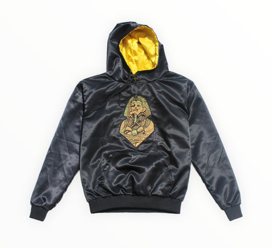 Royalty10 Lion Pharaoh Golden Deity Satin Pullover Hoodie: A black satin hoodie with an embroidered lion pharaoh logo, offering luxurious comfort and style.