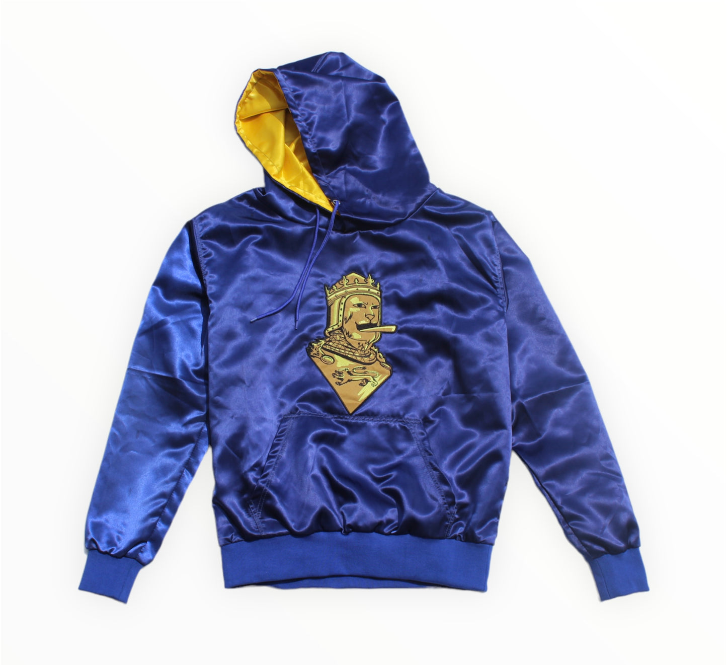 Royalty10 Lion Heart Golden Divine Pullover Satin Hoodie in Royal Blue: A stunning royal blue hoodie from the exclusive Royalty10 collection, featuring the iconic Lion Heart Golden Divine design. This pullover satin hoodie exudes style and luxury, with its smooth and shiny fabric. Elevate your fashion game with the Royalty10 Lion Heart Golden Divine Pullover Satin Hoodie in royal blue.