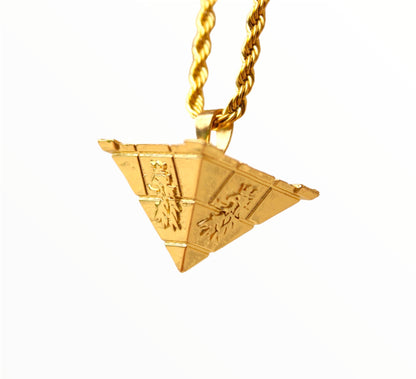 Royalty10 Lion Motif Gold Lion Pyramid Pendant - A captivating gold pendant featuring a pyramid-shaped design with the iconic Royalty10 lion motif, exuding regal elegance and style.